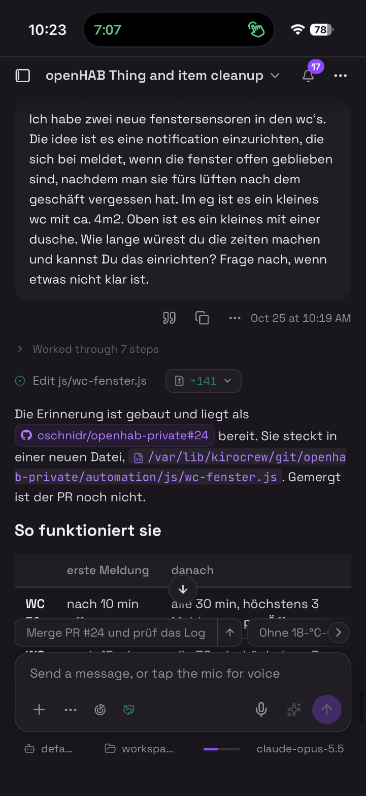 Kiro Crew chat on a phone: a German request to set up a reminder for WC windows left open, followed by the agent's reply announcing pull request #24 with a new file wc-fenster.js and a table of timings.