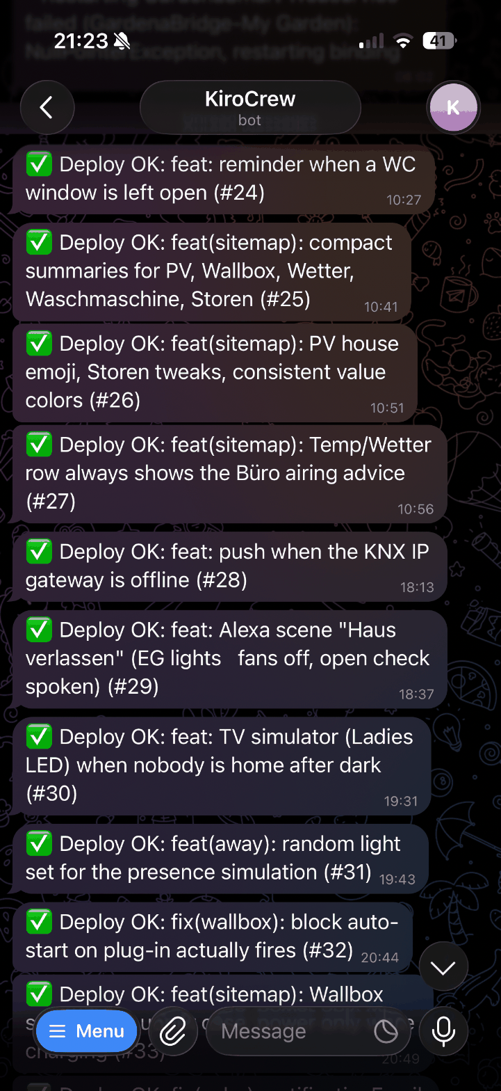 Telegram chat with the KiroCrew bot: a column of messages, each reading Deploy OK followed by a pull request title and number, from #24 to #33, between 10:27 and 20:49.